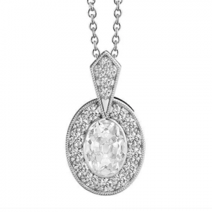 Halo Oval Old Mine Cut Diamond Pendant Bezel Set in 4ct 14K Gold