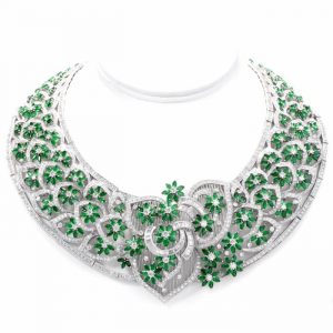 Vintage Diamond Emerald 18K Gold Collar Necklace