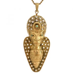 Hammerman Brothers Egyptian Inspired Yellow Gold Diamond Emerald Sculptured Brooch and Pendant