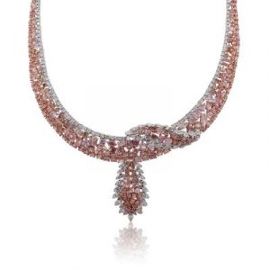 18k Two Tone Gold 51.11ctw Multi Shape Pink and White Diamond Cluster Necklace