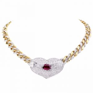 Estate 15.54 carats Ruby Diamond Pendant Choker Link Necklace